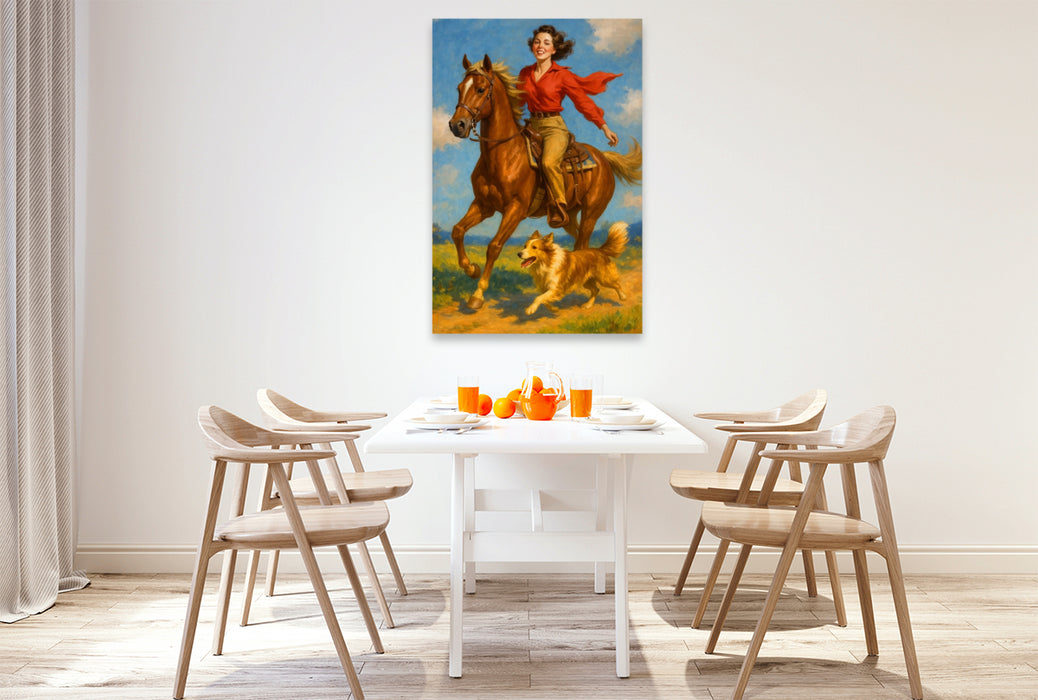 Premium Textil-Leinwand Wild und frei - Frau der 50er Jahre auf Pferd