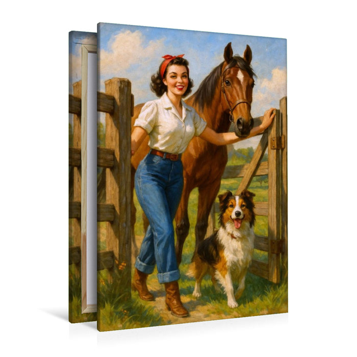 Premium Textil-Leinwand Frau der 50er Jahre mit Pferd und Hund