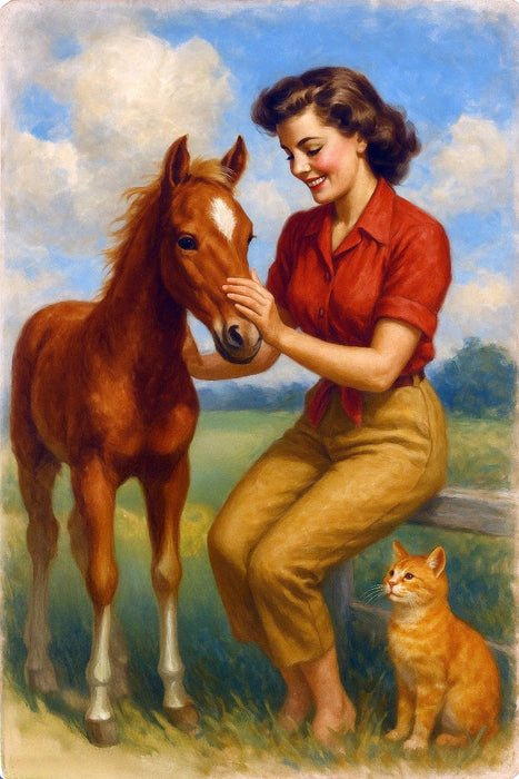 Premium Textil-Leinwand Frau der 50er Jahre besucht Fohlen