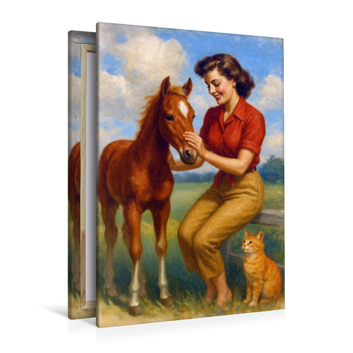 Premium Textil-Leinwand Frau der 50er Jahre besucht Fohlen