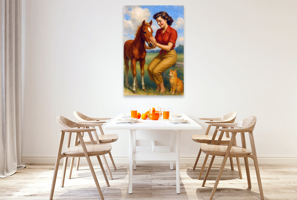 Premium Textil-Leinwand Frau der 50er Jahre besucht Fohlen