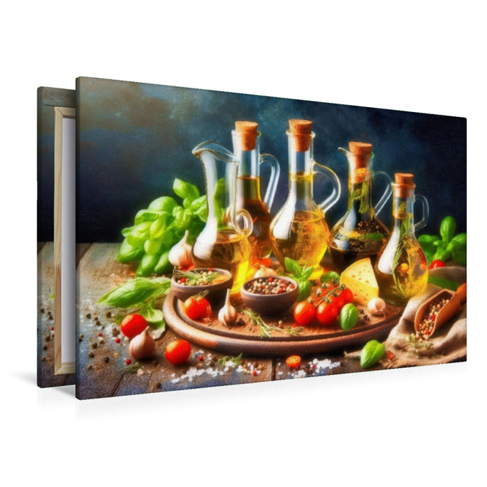 Premium Textil-Leinwand Ein Tropfen Sonne – Mediterranes Öl.