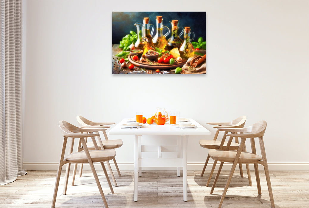 Premium Textil-Leinwand Ein Tropfen Sonne – Mediterranes Öl.