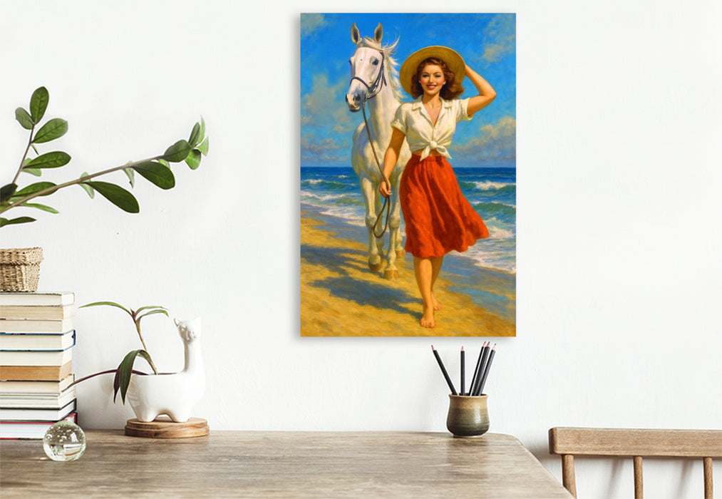 Premium Textil-Leinwand Ein Tag am Strand - Frau der 50er Jahre mit Pferd
