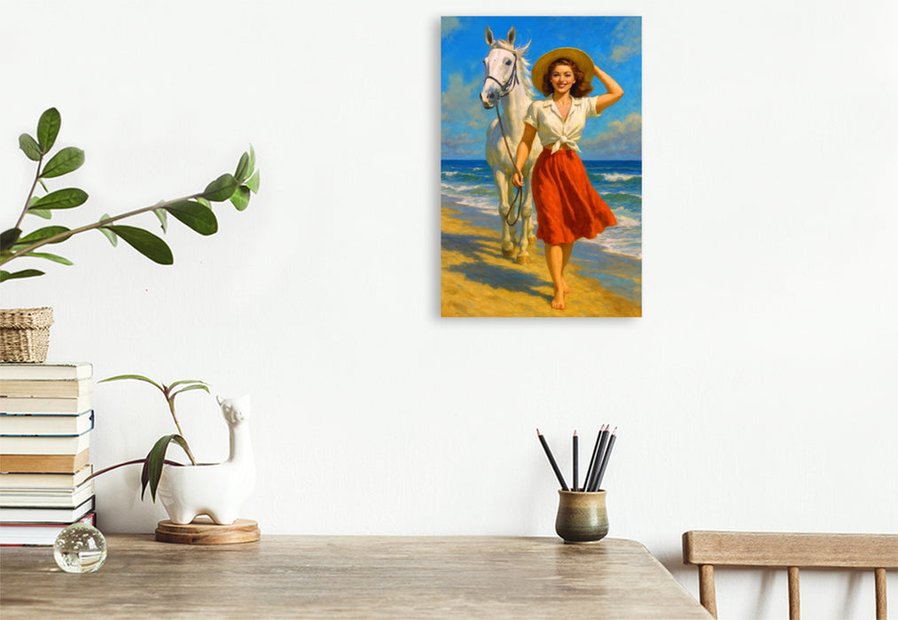 Premium Textil-Leinwand Ein Tag am Strand - Frau der 50er Jahre mit Pferd