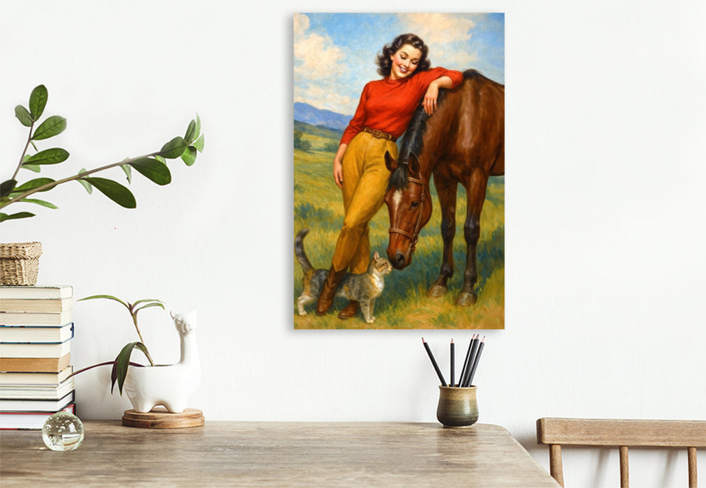 Premium Textil-Leinwand Die Tiere auf dem Hof - Frau der 50er Jahre