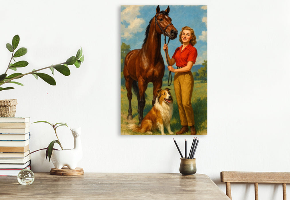 Premium Textil-Leinwand Frau der 50er Jahre mit Pferd