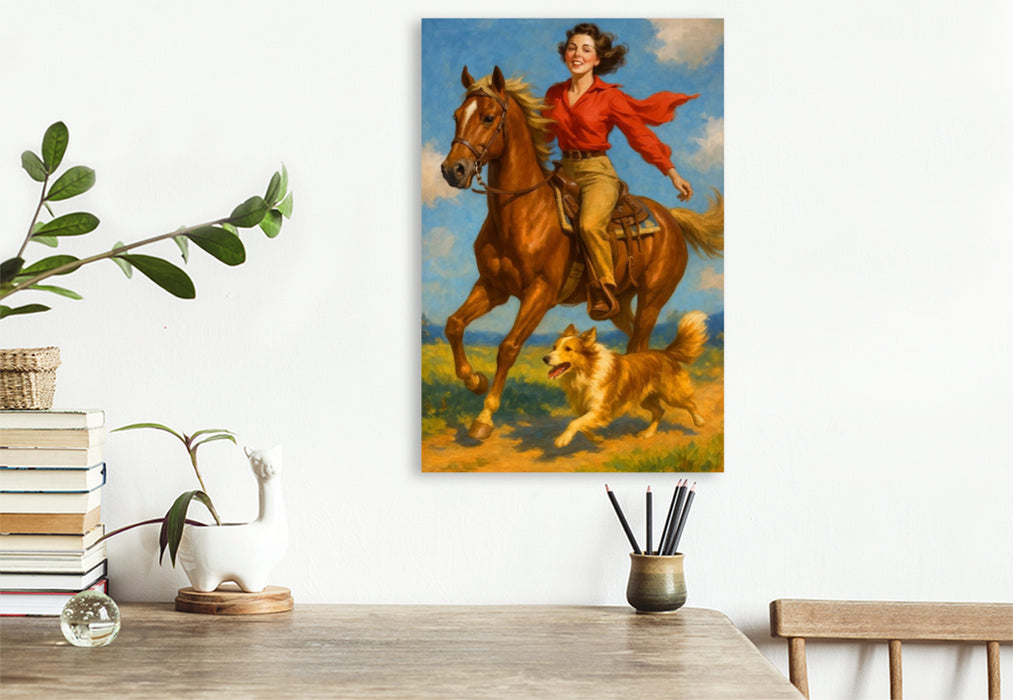 Premium Textil-Leinwand Wild und frei - Frau der 50er Jahre auf Pferd