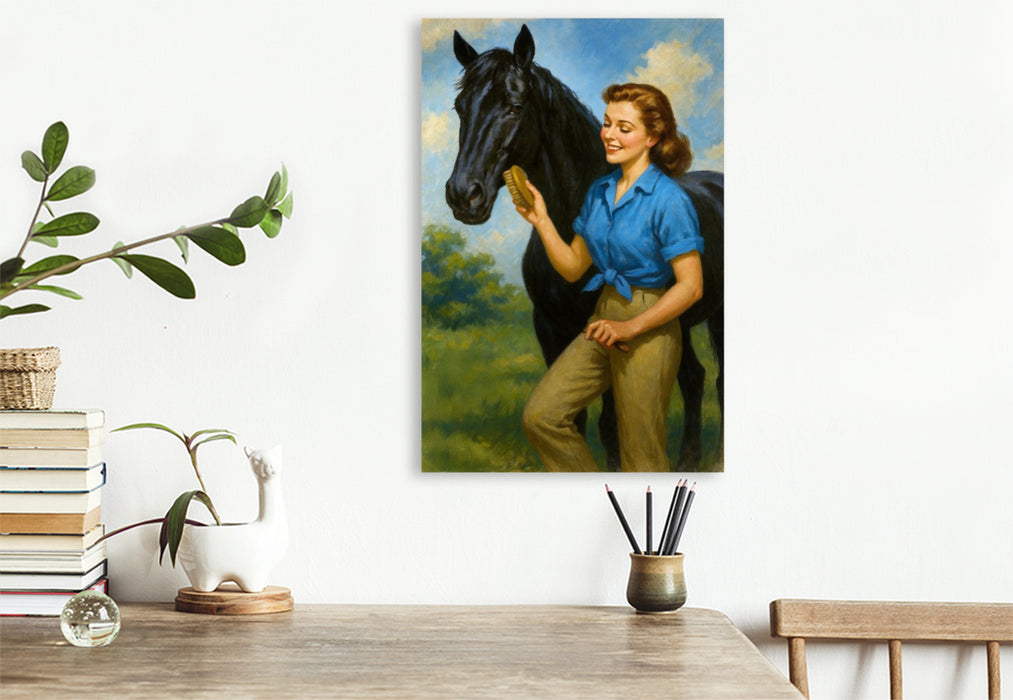 Premium Textil-Leinwand Frau der 50er Jahre mit schwarzem Pferd
