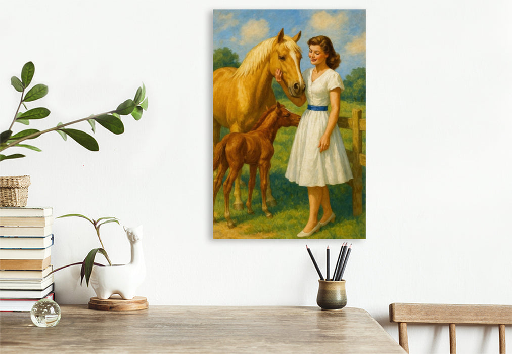 Premium Textil-Leinwand Besuch auf der Weide - Frau der 50er Jahre mit Pferden
