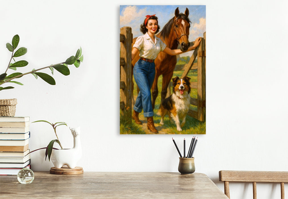 Premium Textil-Leinwand Frau der 50er Jahre mit Pferd und Hund