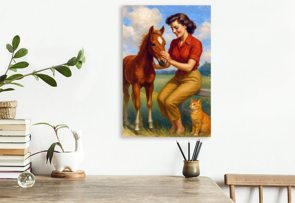 Premium Textil-Leinwand Frau der 50er Jahre besucht Fohlen