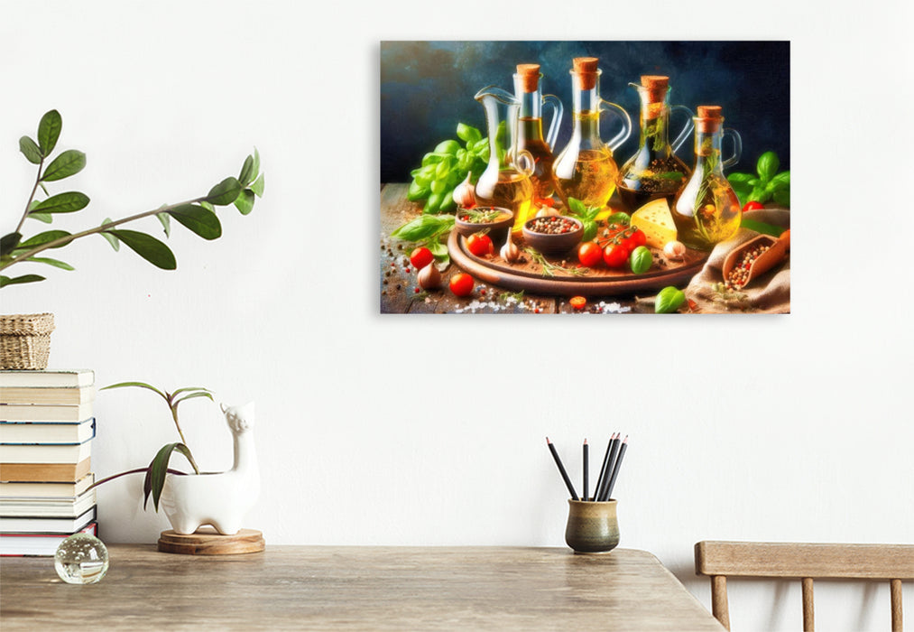 Premium Textil-Leinwand Ein Tropfen Sonne – Mediterranes Öl.