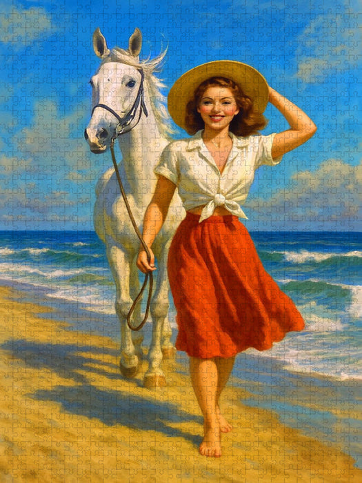 Ein Tag am Strand - Frau der 50er Jahre mit Pferd - CALVENDO Foto-Puzzle'
