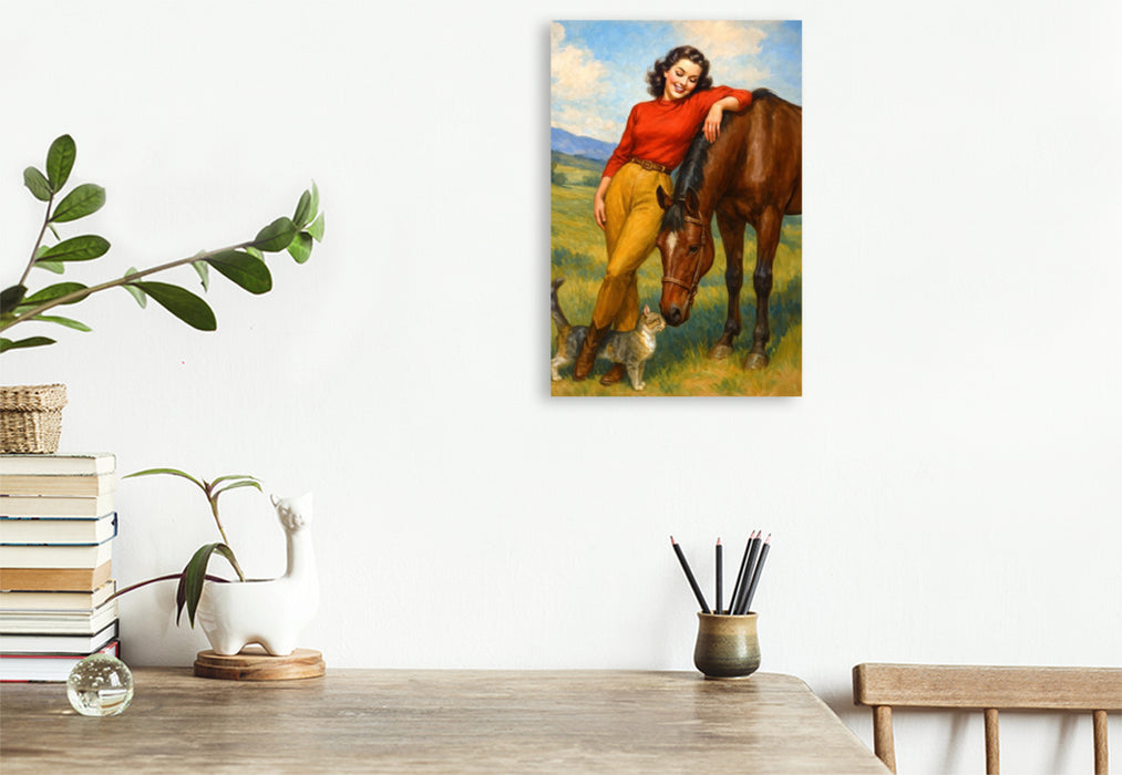 Premium Textil-Leinwand Die Tiere auf dem Hof - Frau der 50er Jahre