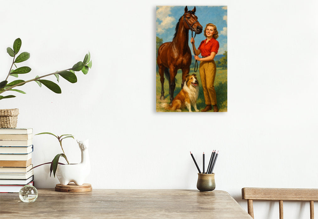 Premium Textil-Leinwand Frau der 50er Jahre mit Pferd