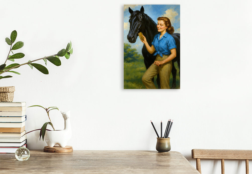 Premium Textil-Leinwand Frau der 50er Jahre mit schwarzem Pferd