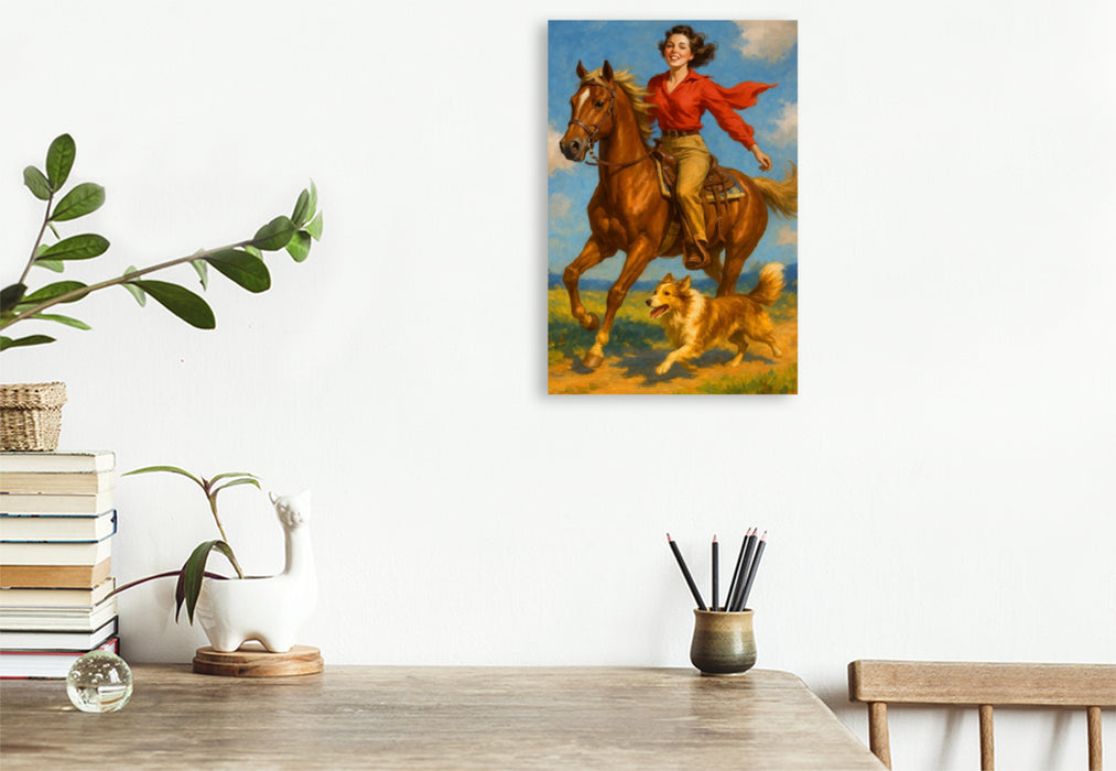 Premium Textil-Leinwand Wild und frei - Frau der 50er Jahre auf Pferd
