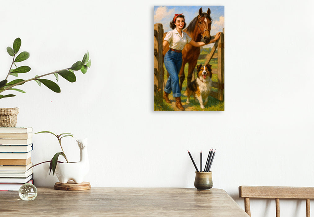Premium Textil-Leinwand Frau der 50er Jahre mit Pferd und Hund