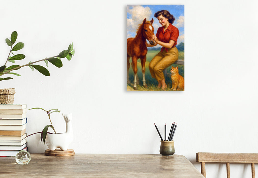 Premium Textil-Leinwand Frau der 50er Jahre besucht Fohlen