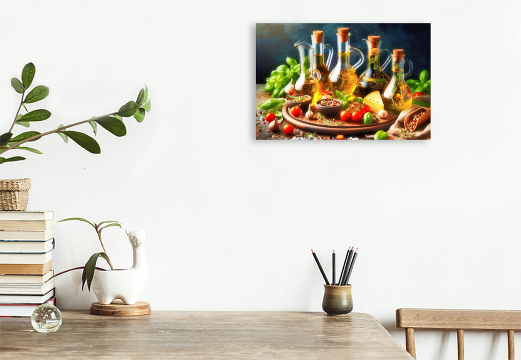 Premium Textil-Leinwand Ein Tropfen Sonne – Mediterranes Öl.