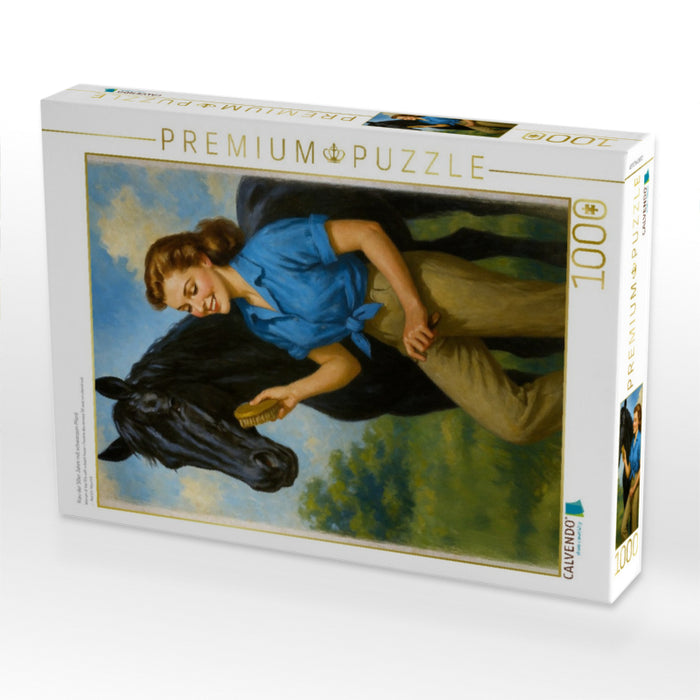 Frau der 50er Jahre mit schwarzem Pferd - CALVENDO Foto-Puzzle'