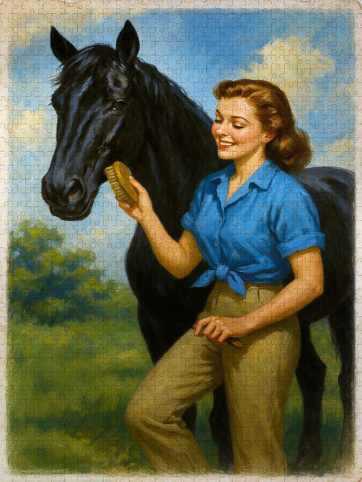 Frau der 50er Jahre mit schwarzem Pferd - CALVENDO Foto-Puzzle'