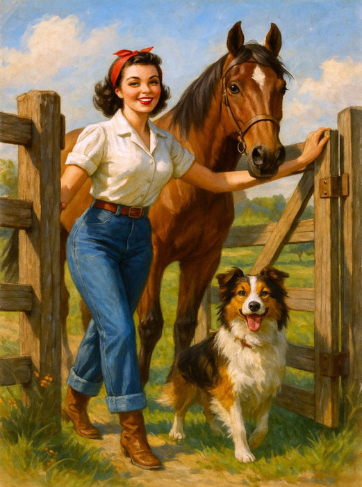 Frau der 50er Jahre mit Pferd und Hund - CALVENDO Foto-Puzzle'