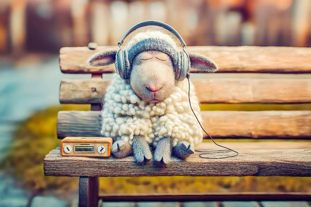 Premium Textil-Leinwand Schaf schläft mit Kopfhörern auf Parkbank