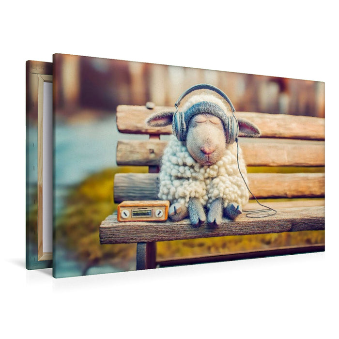 Premium Textil-Leinwand Schaf schläft mit Kopfhörern auf Parkbank