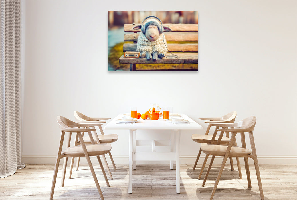 Premium Textil-Leinwand Schaf schläft mit Kopfhörern auf Parkbank