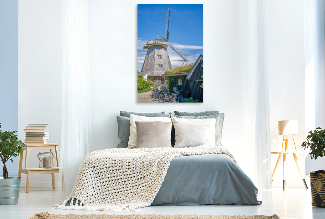 Premium Textil-Leinwand Ostsee - Windmühle Ahrenshoop