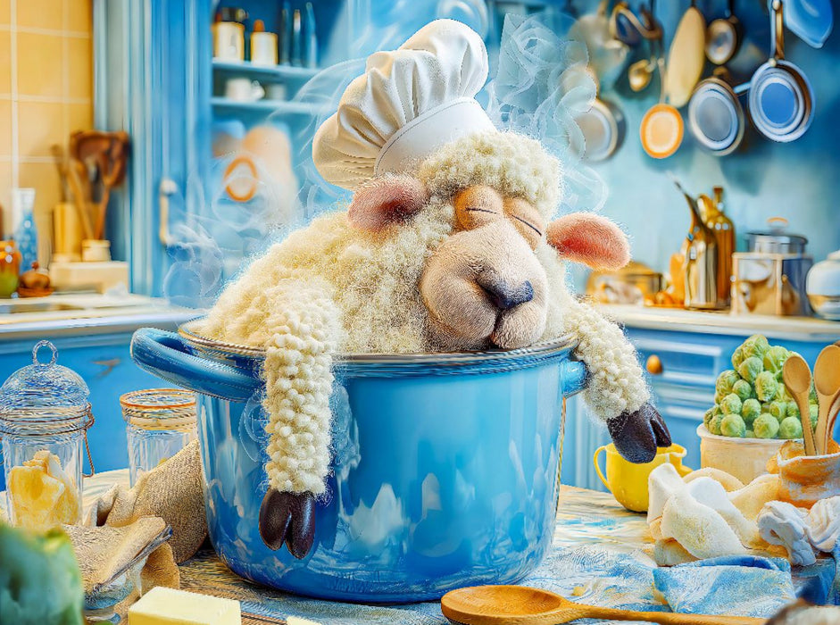 Schaf mit Kochmütze schläft im Kochtopf - CALVENDO Foto-Puzzle'