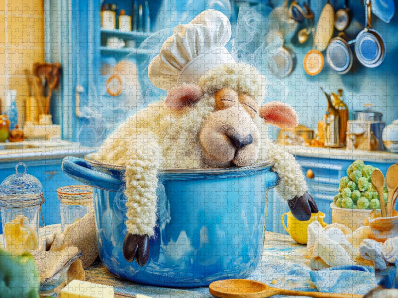 Schaf mit Kochmütze schläft im Kochtopf - CALVENDO Foto-Puzzle'