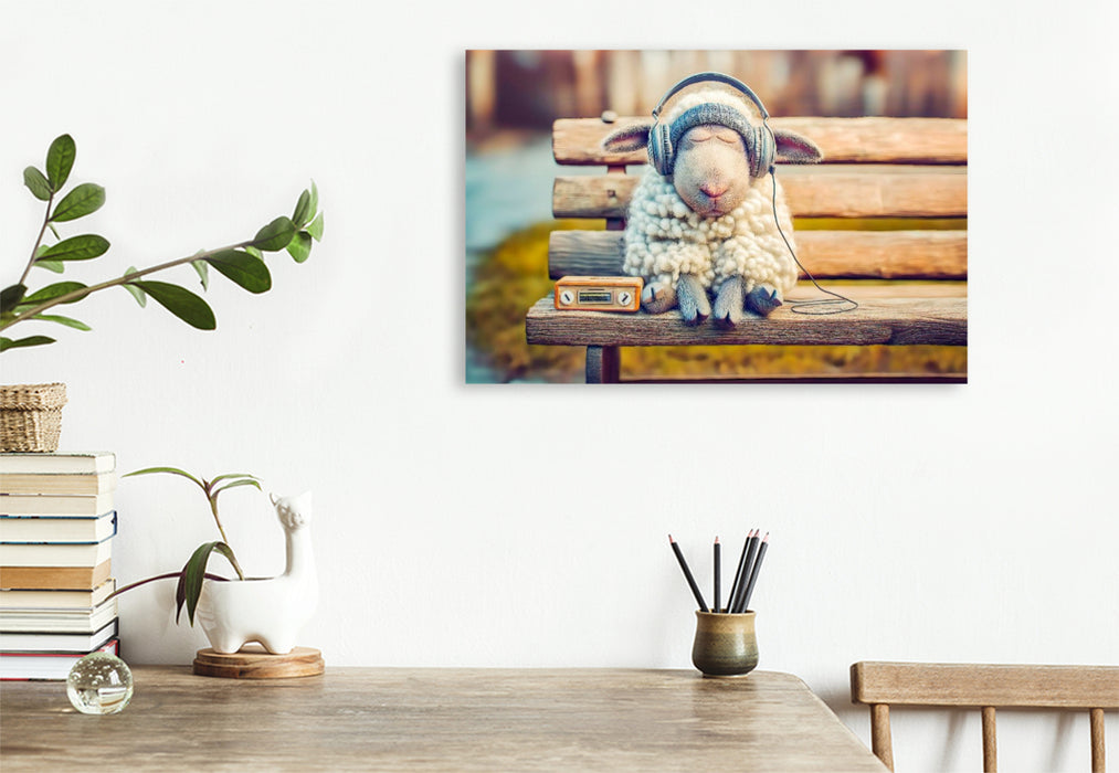 Premium Textil-Leinwand Schaf schläft mit Kopfhörern auf Parkbank