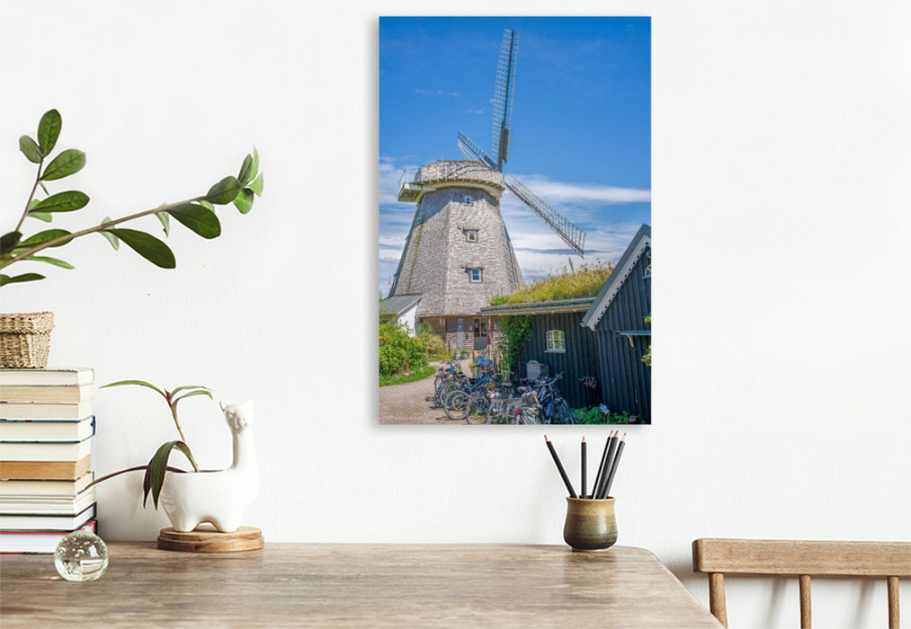 Premium Textil-Leinwand Ostsee - Windmühle Ahrenshoop