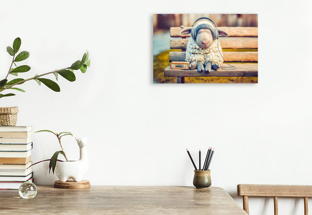 Premium Textil-Leinwand Schaf schläft mit Kopfhörern auf Parkbank