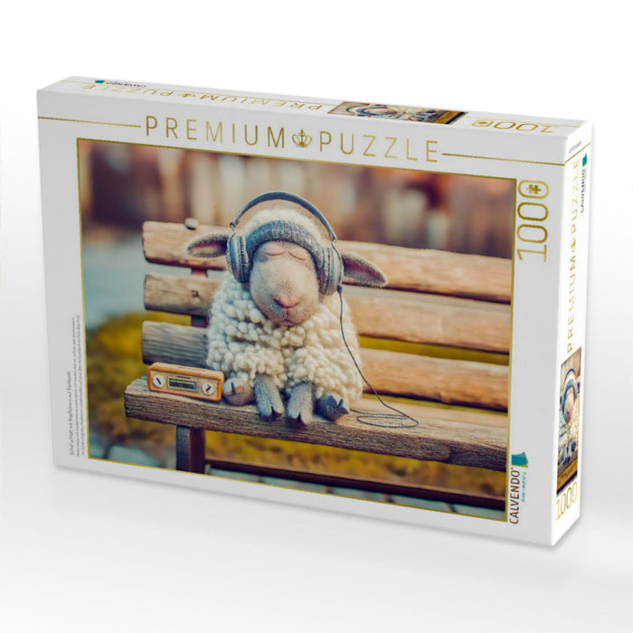 Schaf schläft mit Kopfhörern auf Parkbank - CALVENDO Foto-Puzzle'