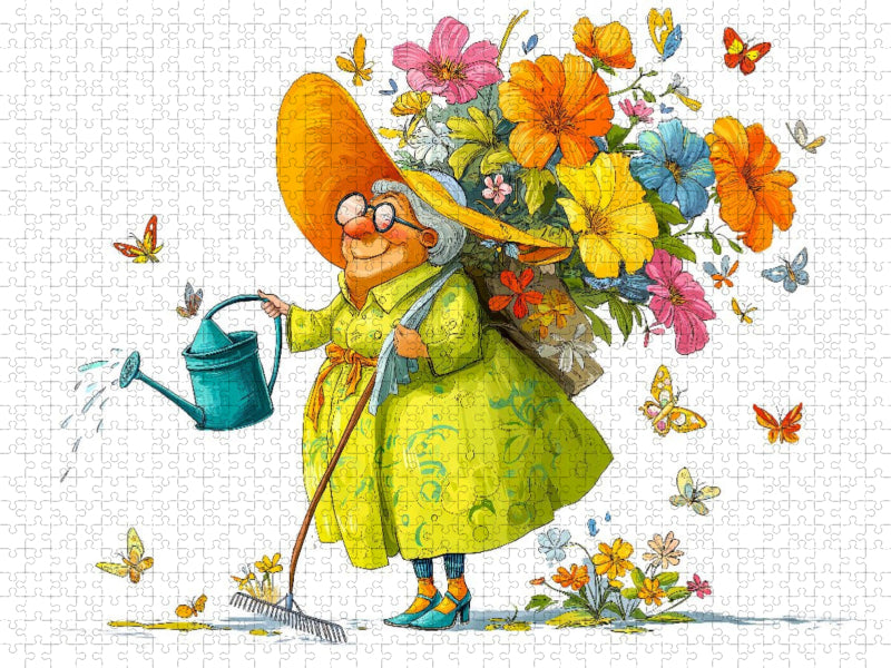 Rentnerin mit Blumenstrauß und Gießkanne - CALVENDO Foto-Puzzle'