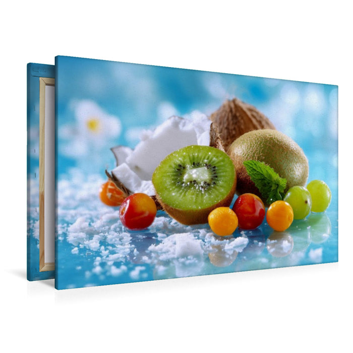 Premium Textil-Leinwand Stillleben mit Kiwis und Kokosnuss