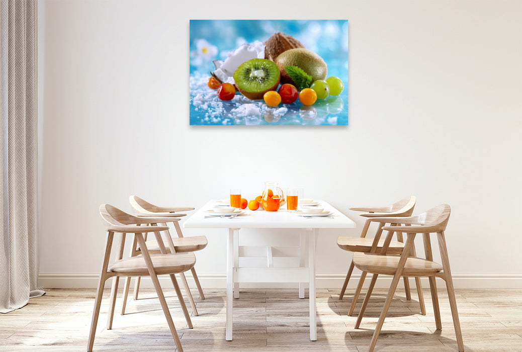 Premium Textil-Leinwand Stillleben mit Kiwis und Kokosnuss