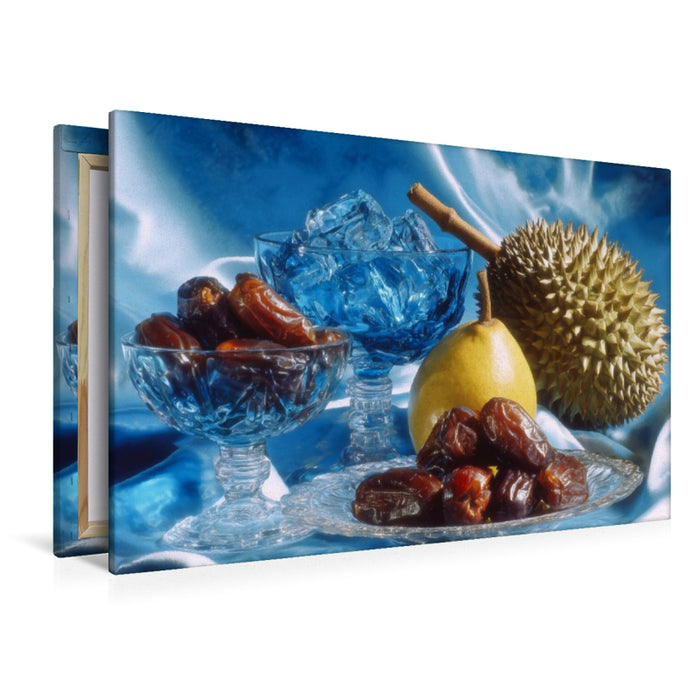 Premium Textil-Leinwand Stillleben mit Datteln, Durian und Birne