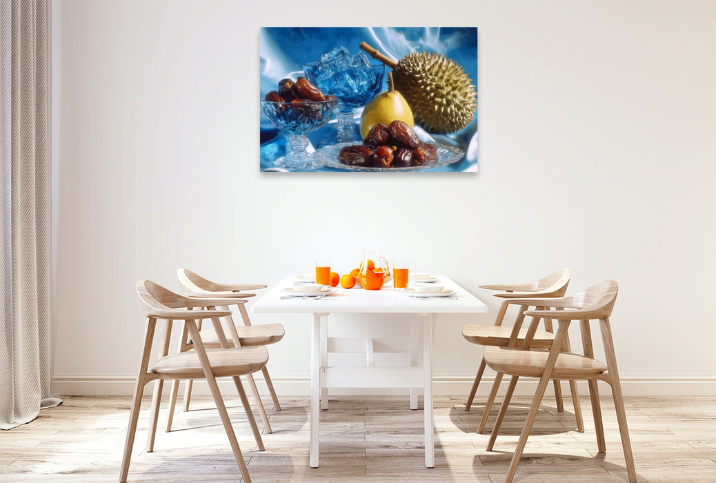 Premium Textil-Leinwand Stillleben mit Datteln, Durian und Birne