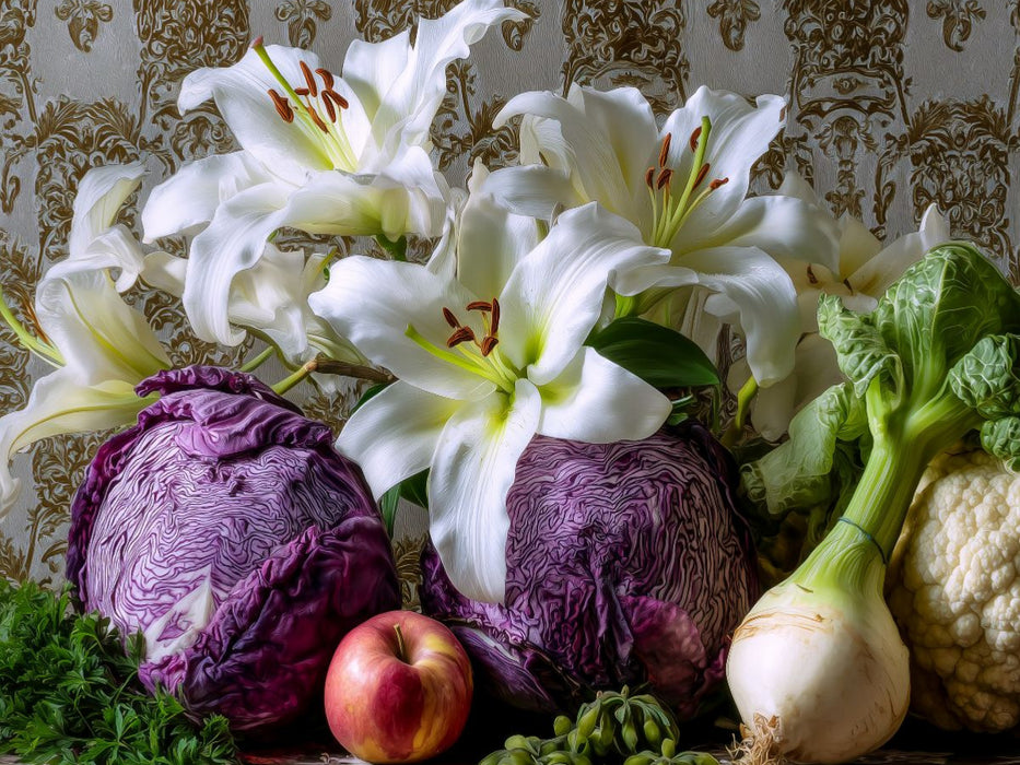 Stillleben in Weiß und Lila mit Lilien und Rotkohl - CALVENDO Foto-Puzzle'