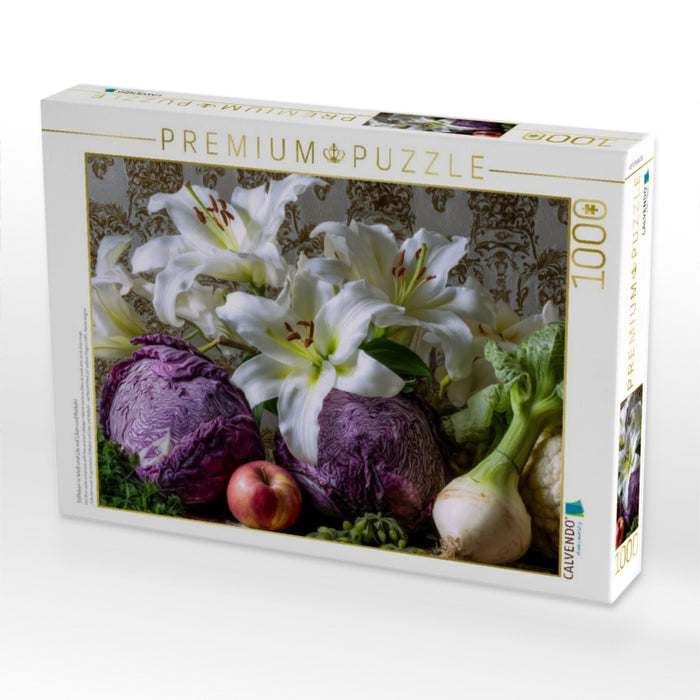 Stillleben in Weiß und Lila mit Lilien und Rotkohl - CALVENDO Foto-Puzzle'