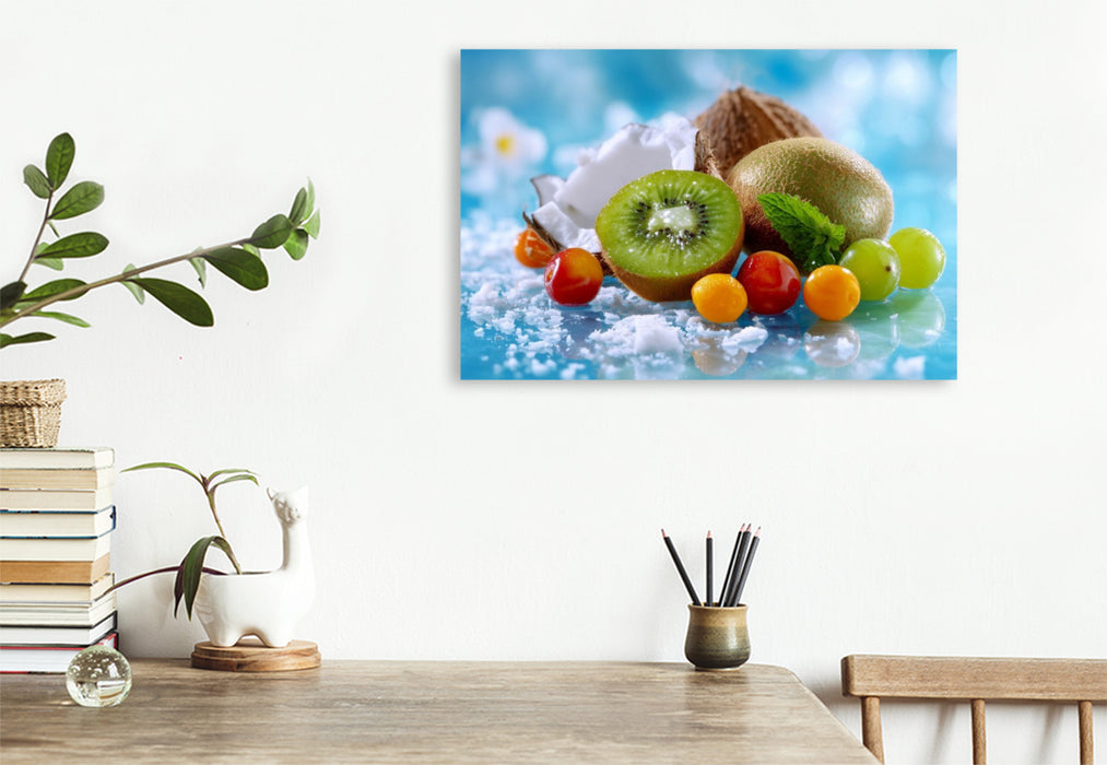 Premium Textil-Leinwand Stillleben mit Kiwis und Kokosnuss