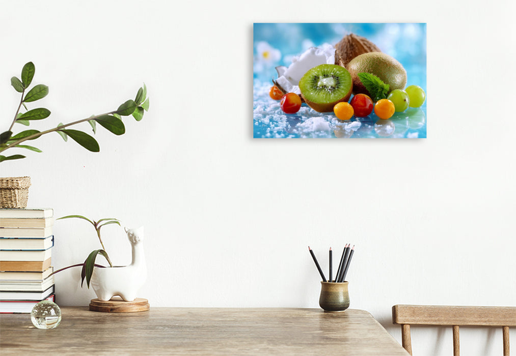 Premium Textil-Leinwand Stillleben mit Kiwis und Kokosnuss