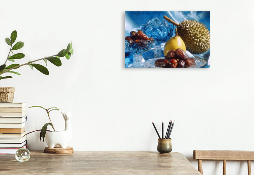 Premium Textil-Leinwand Stillleben mit Datteln, Durian und Birne