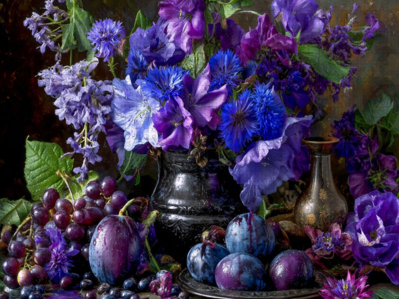 Stillleben mit Malven, Zwetschgen und roten Trauben - CALVENDO Foto-Puzzle'