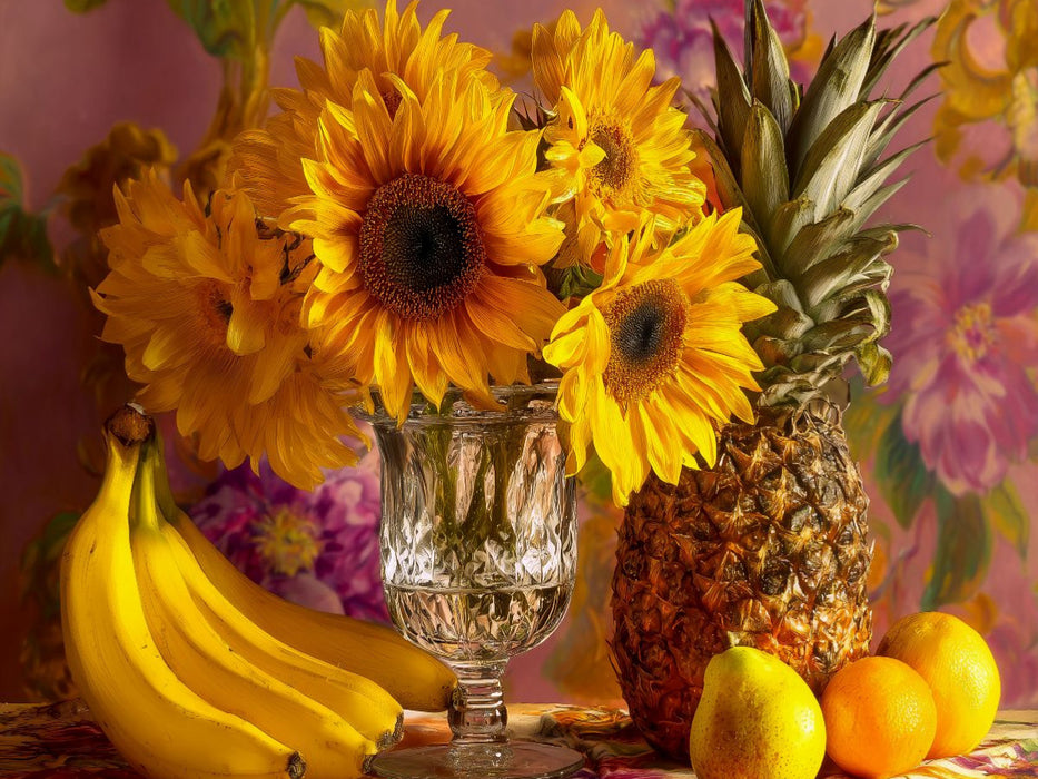 Stillleben in Gelb mit Sonnenblumen, Bananen und Ananas - CALVENDO Foto-Puzzle'